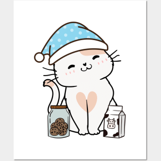 Funny white cat is having a midnight snack Posters and Art